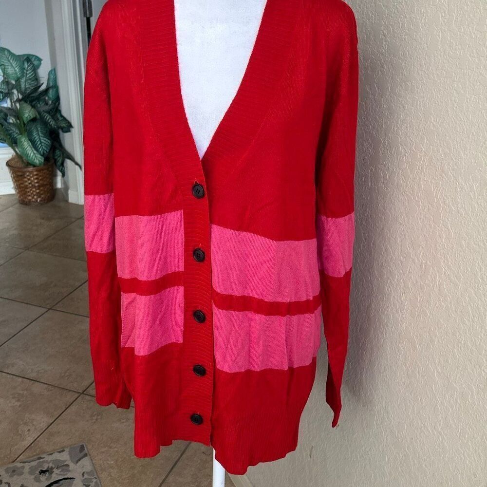 Madeleine Thompson Size L Cardigan Red Pink Varsity Stripe Preppy Valentine NWT